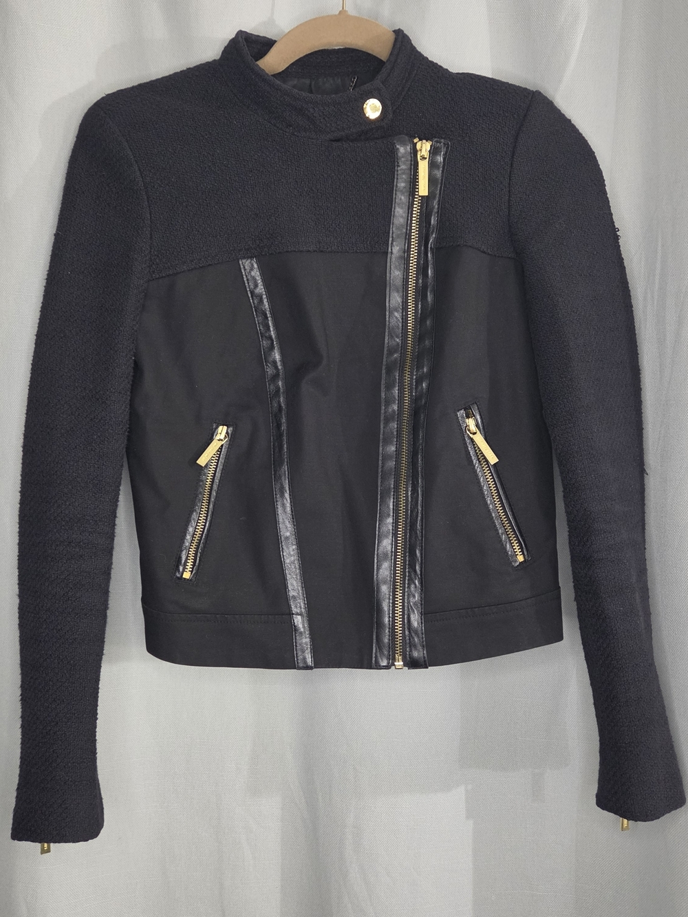 Michael Kors Black Women's Zip-Front Moto Jacket With Gold And Leather Aesthetic